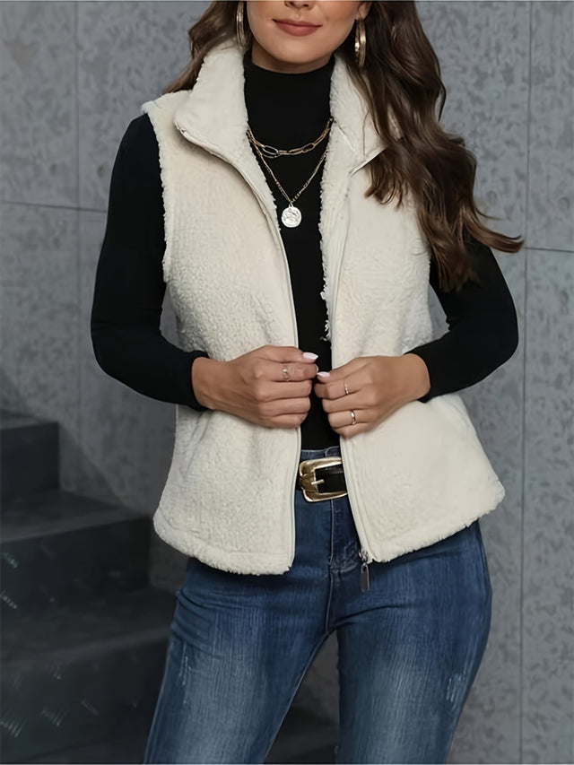 Zip Up Turtleneck Sherpa Vest Coat with Pockets | Hanalas