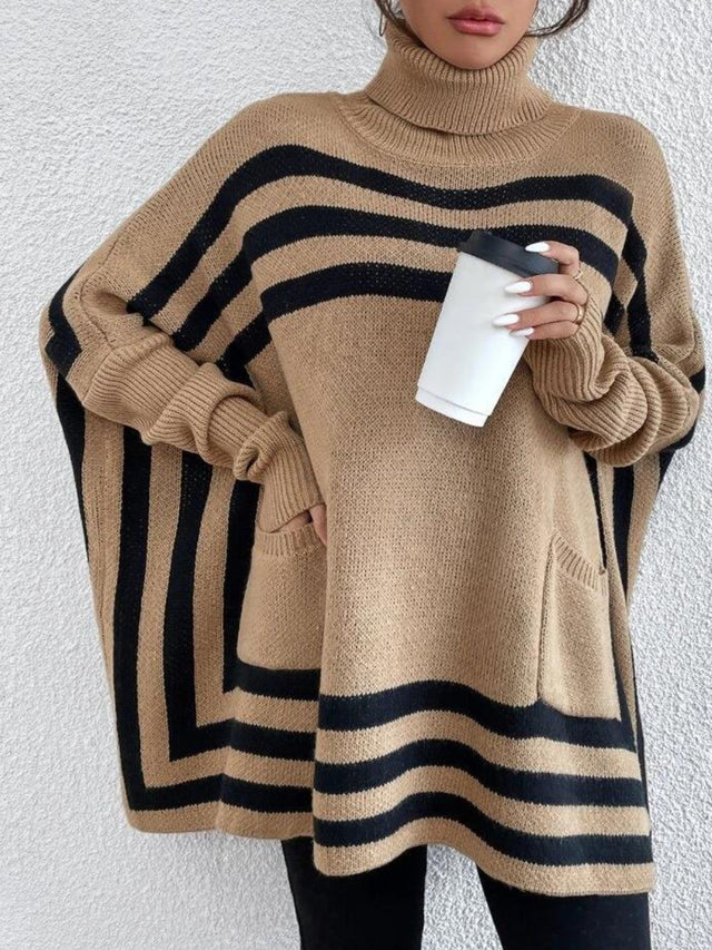 Striped Turtleneck Batwing Sleeve Sweater with Pockets | Hanalas