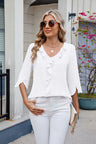 Ruffled V-Neck Three-Quarter Sleeve Blouse | Hanalas