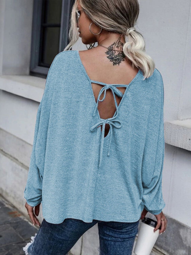 Full Size Double Tie Drop Shoulder Long Sleeve T-Shirt | Hanalas