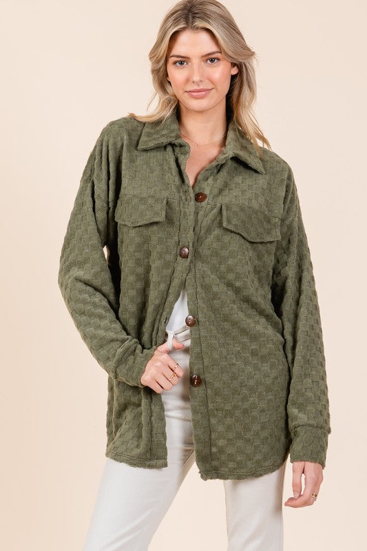 BOMBOM Checkered Button Down Dropped Shoulder Shacket | Hanalas