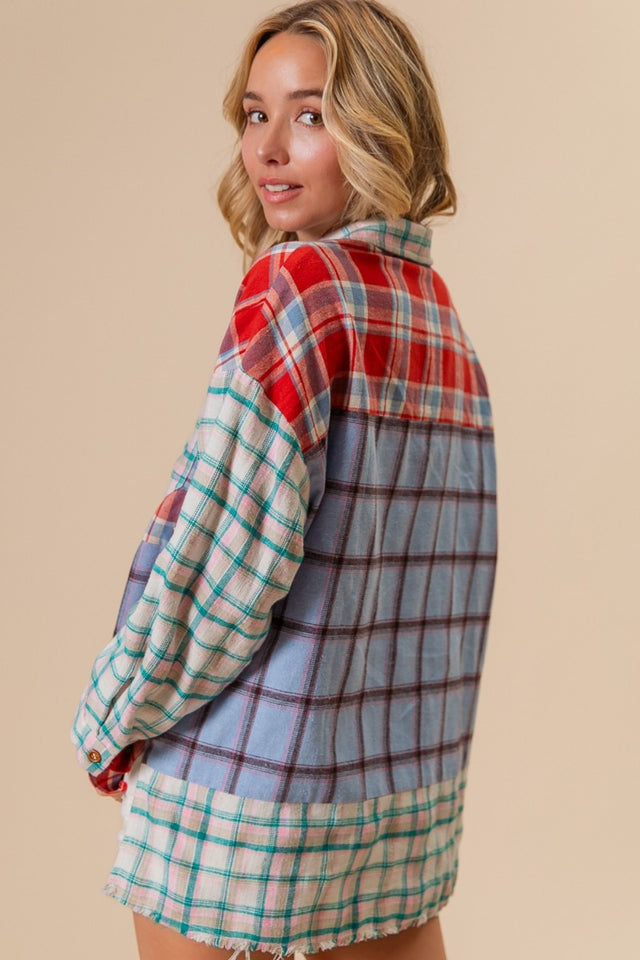 BiBi Color Block Plaid Button Down Shirt | Hanalas