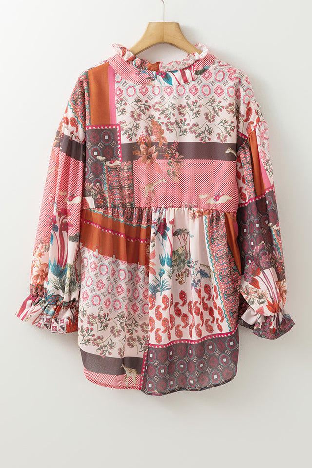 Patchwork Printed Notched Flounce Sleeve Shirt | Hanalas