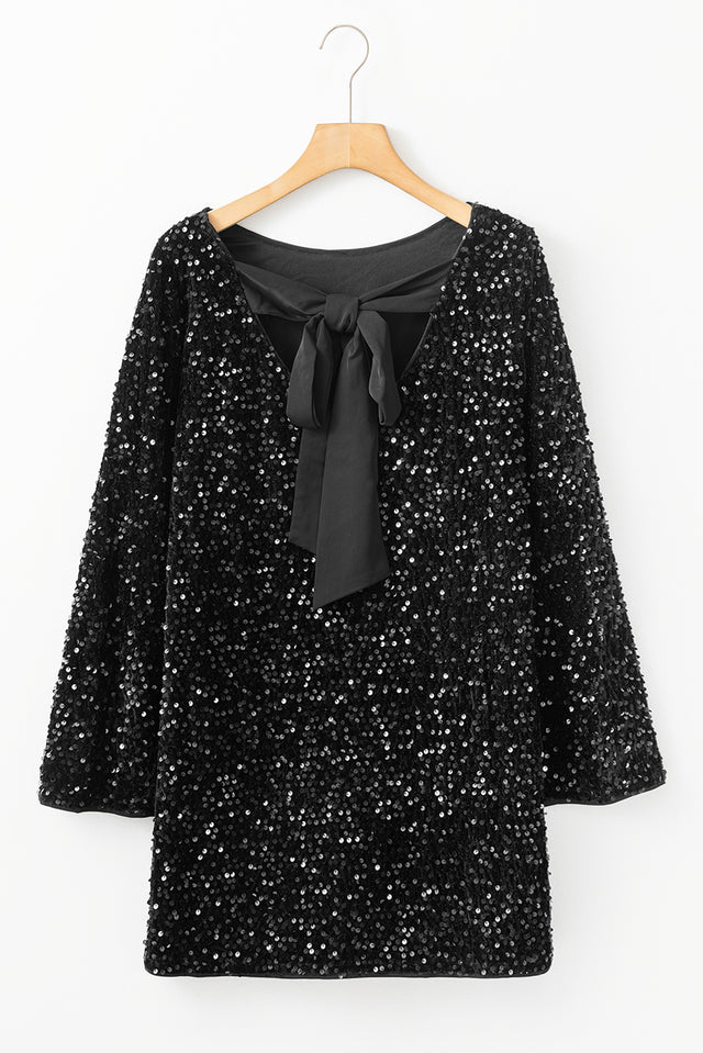 Sequin Bow Back Long Sleeve Mini Dress | Hanalas