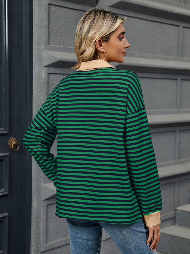 Striped Johnny Collar Long Sleeve Sweatshirt | Hanalas