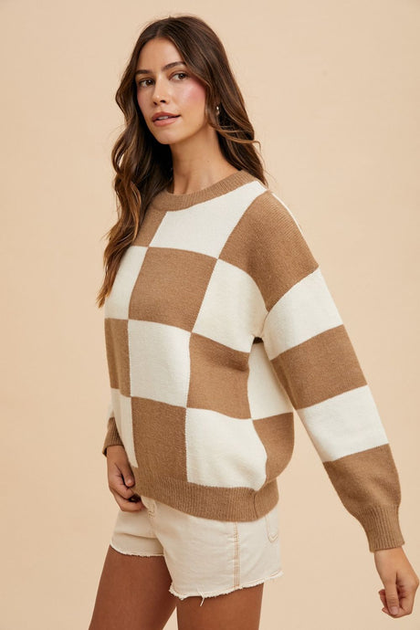 Annie Wear Checkered Round Neck Dropped Shoulder Sweater | Hanalas