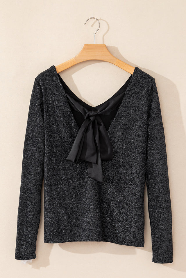 Bowknot V-Neck Long Sleeve Blouse Trendsi Hanalas