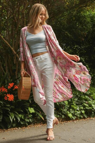Umgee Full Size Mixed Print Open Front Kimono with Ruffle Sleeves Plus Size | Hanalas
