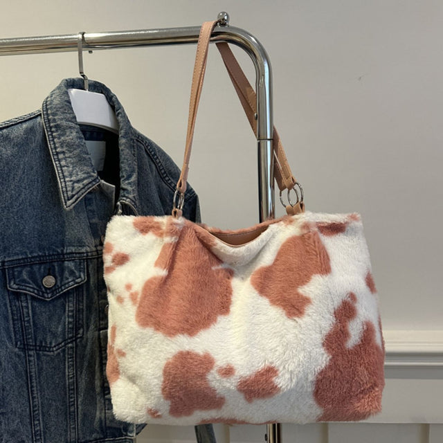 Cow Print Furry Tote Bag Trendsi Hanalas