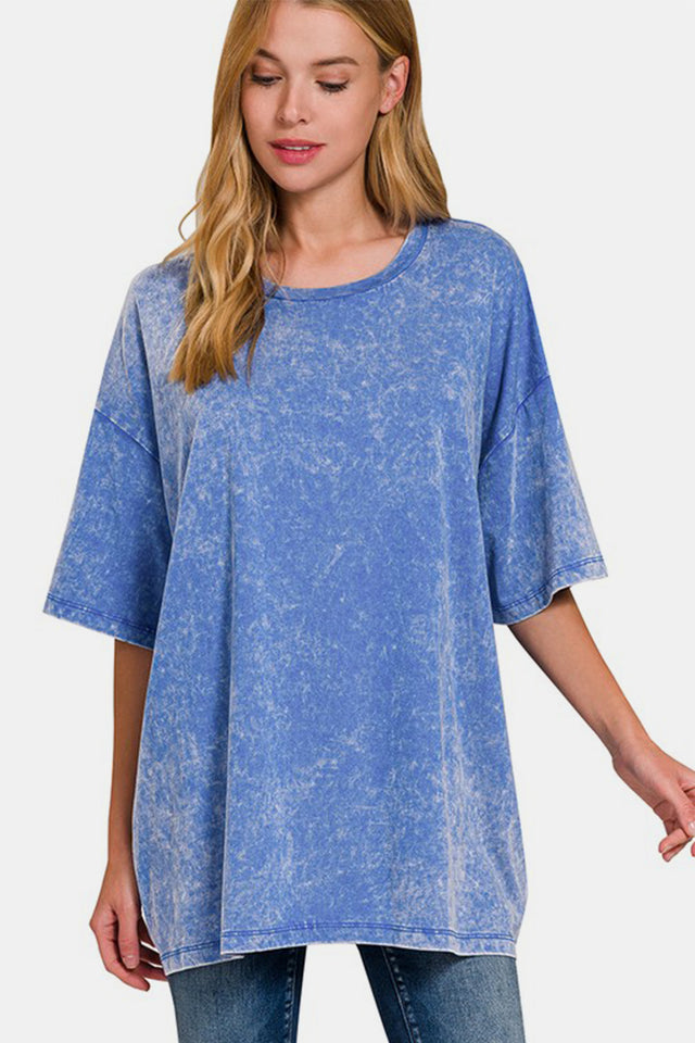 Zenana Full Size Washed Round Neck Drop Shoulder Oversized T-Shirt | Hanalas