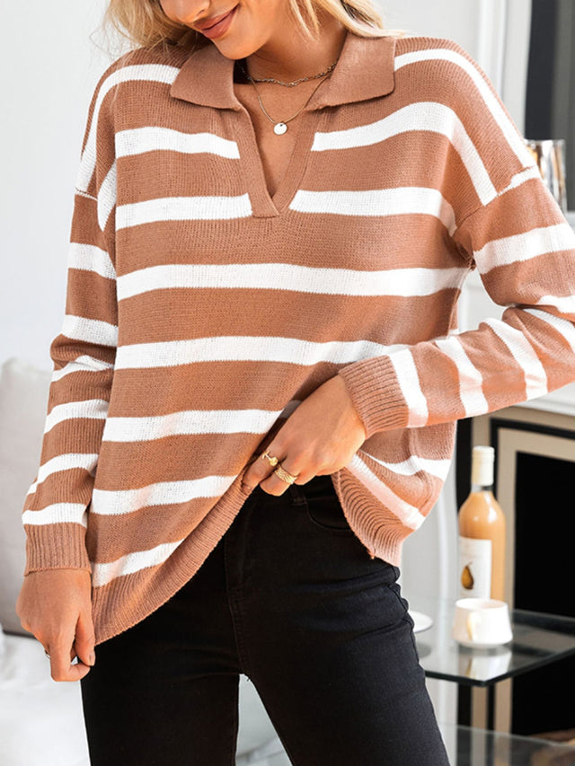 Striped Johnny Collar Long Sleeve Sweater Trendsi Hanalas