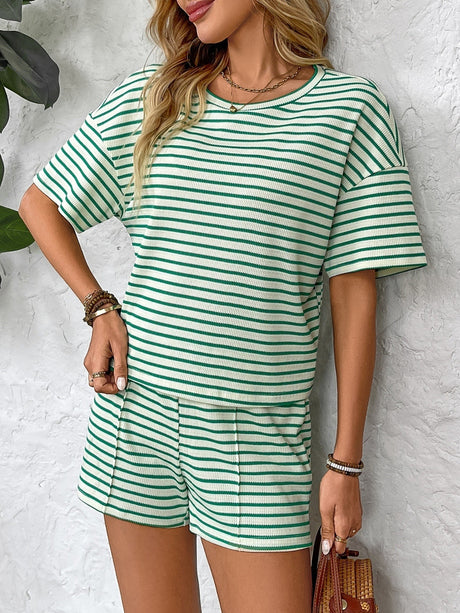 Striped Round Neck Short Sleeve Top and Shorts Set | Hanalas