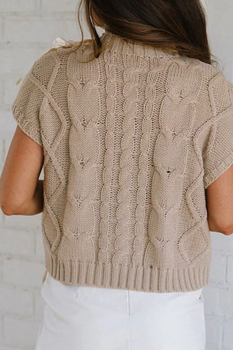 Cable-Knit Tied Mock Neck Short Sleeve Sweater Trendsi Hanalas