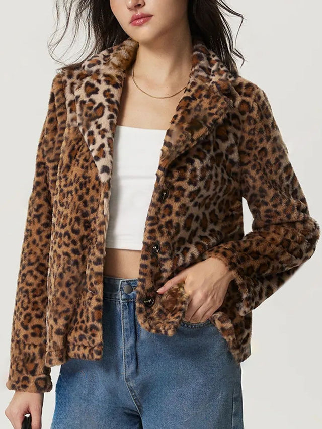 Fuzzy Leopard Collared Neck Jacket | Hanalas