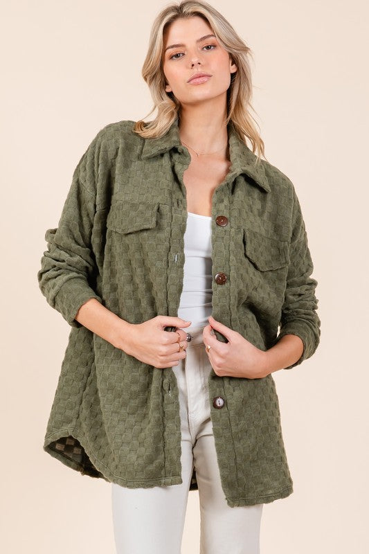 BOMBOM Checkered Button Down Dropped Shoulder Shacket | Hanalas