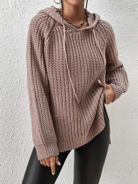 High-Low Side Slit Drawstring Long Sleeve Hooded Sweater | Hanalas