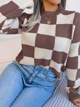 Checkered Mock Neck Long Sleeve Sweater