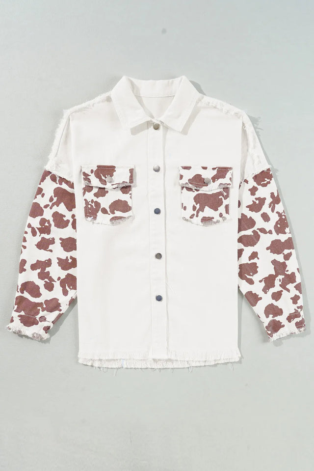 Raw Hem Animal Print Long Sleeve Denim Jacket Trendsi Hanalas