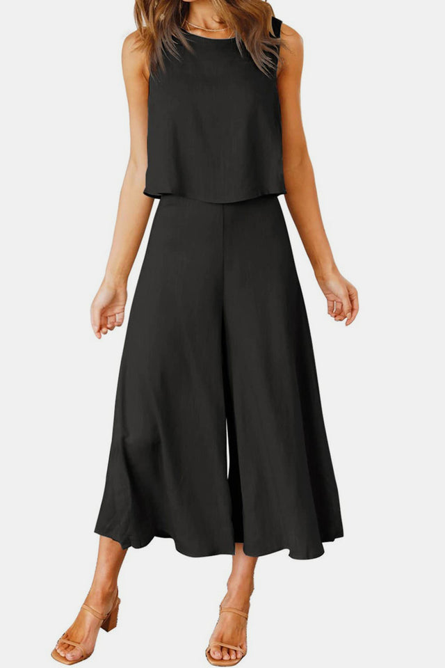 Round Neck Top and Wide Leg Pants Set | Hanalas