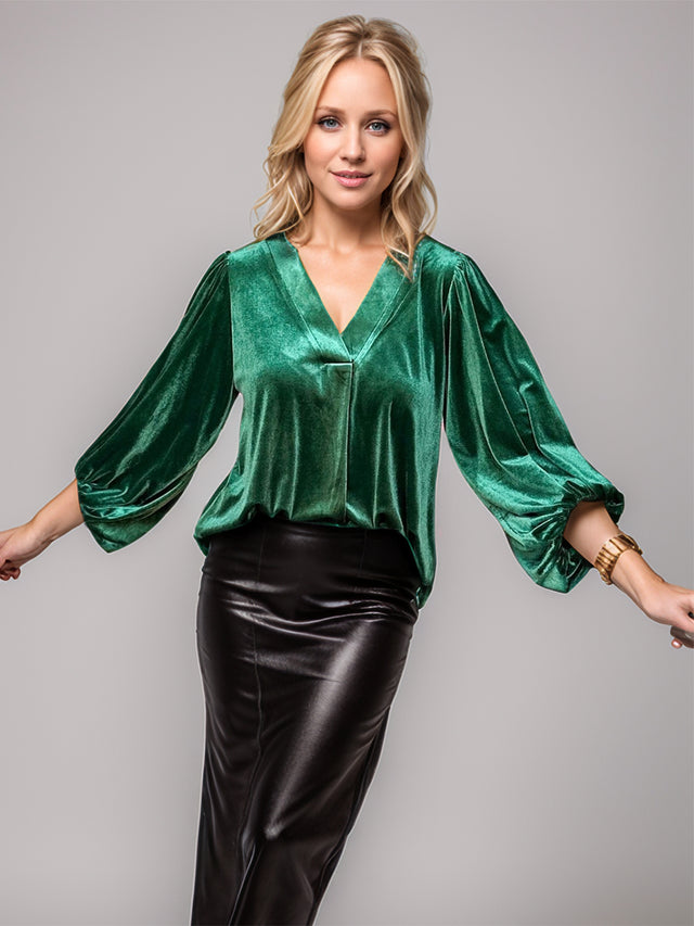 V-Neck Three-Quarter Sleeve Blouse | Hanalas