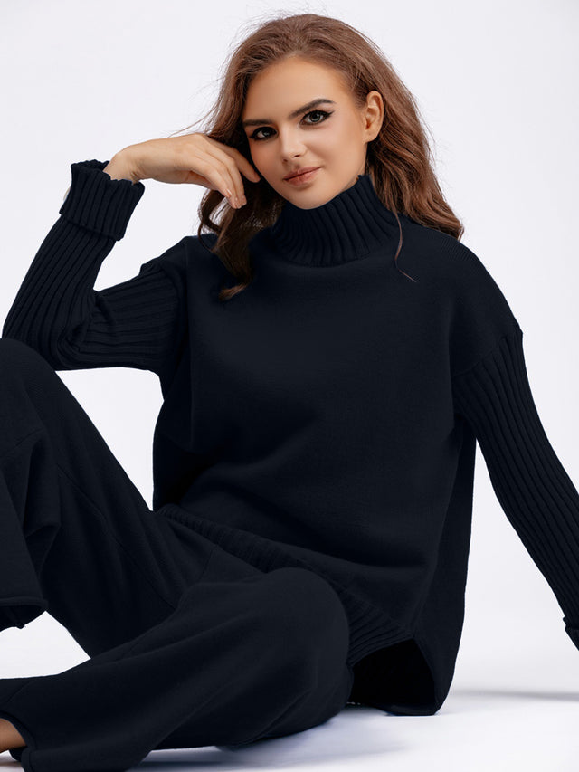 Basic Bae High- Low Turtleneck Long Sleeve Top and Pants Sweater Set Trendsi Hanalas