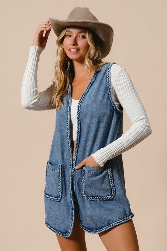 BiBi Braided Trim Open Front Denim Vest with Pockets | Hanalas