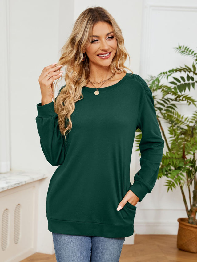 Ruched Shoulder Round Neck Long Sleeve Sweatshirt | Hanalas