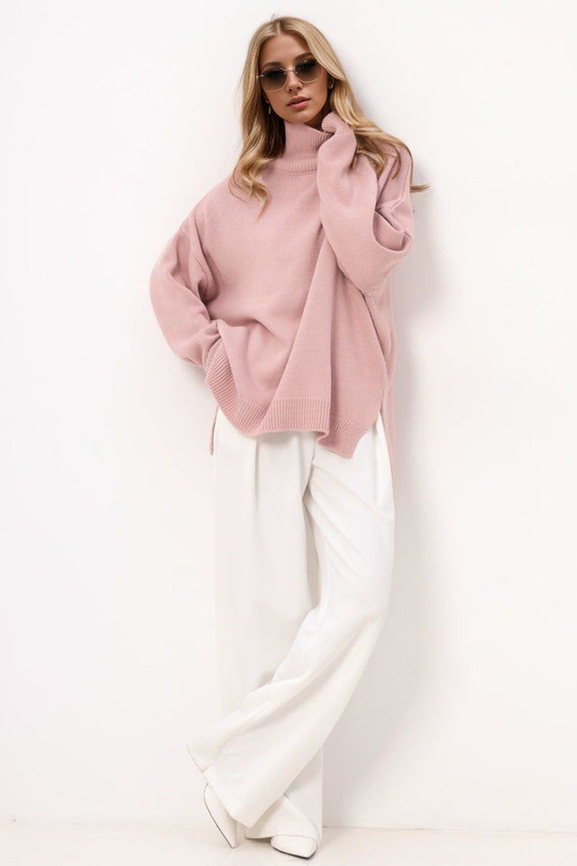 Basic Bae Side Slit Turtleneck Long Sleeve Sweater Trendsi Hanalas