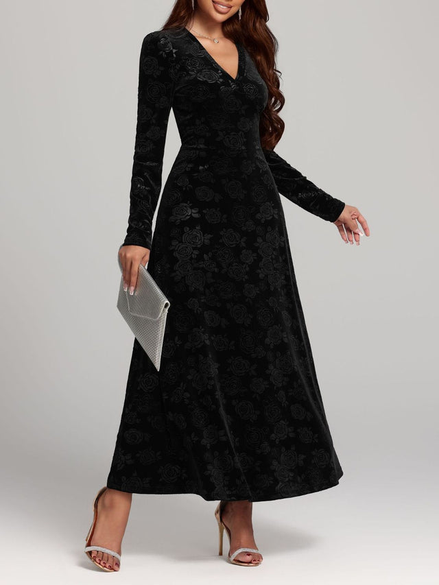 Rose Print V-Neck Long Sleeve Dress | Hanalas