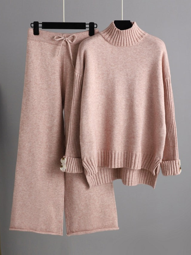 Basic Bae High- Low Turtleneck Long Sleeve Top and Pants Sweater Set Trendsi Hanalas