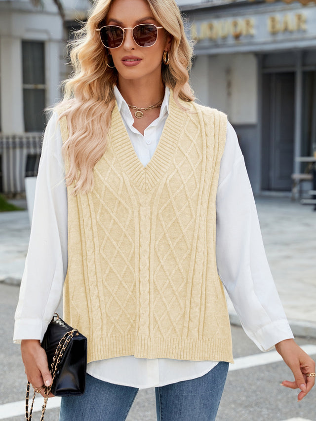 Cable Knit V-Neck Sweater Vest Trendsi Hanalas