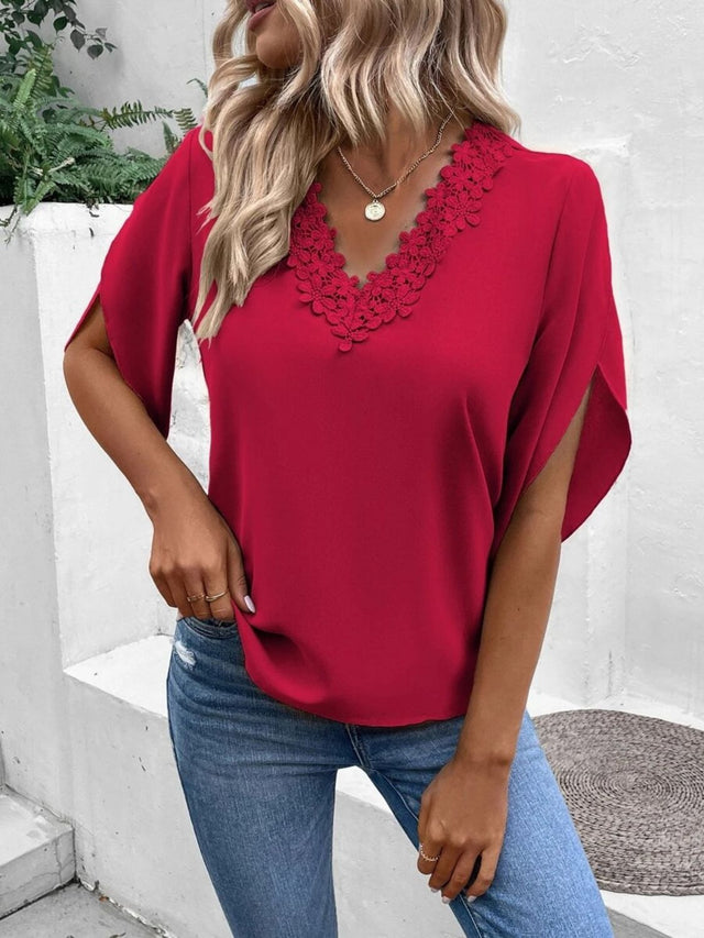 Lace Detail V-Neck Half Sleeve Blouse | Hanalas