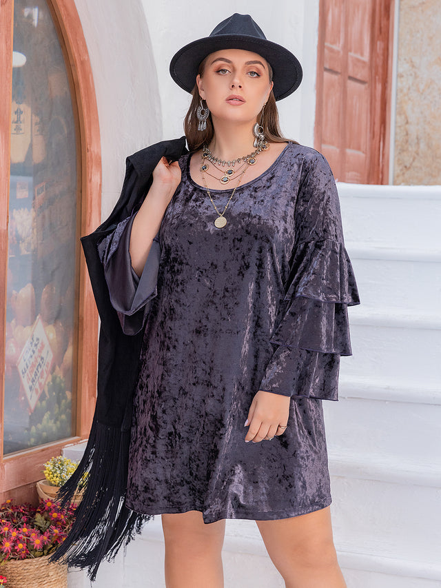 Plus Size Round Neck Flounce Sleeve Mini Dress Trendsi Hanalas