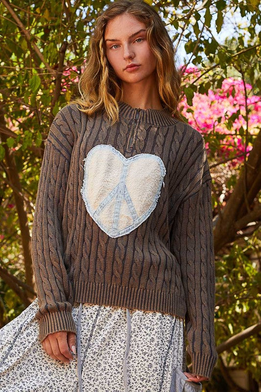 POL Cable-Knit Peace Patch Dropped Shoulder Sweater | Hanalas