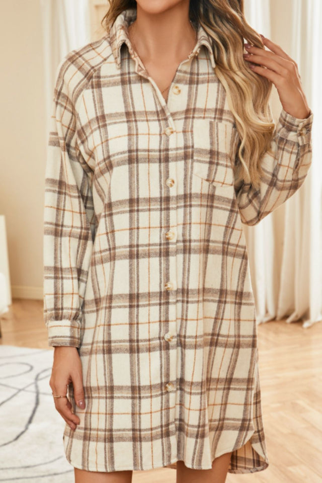 Plaid Collared Neck Long Sleeve Mini Shirt Dress | Hanalas