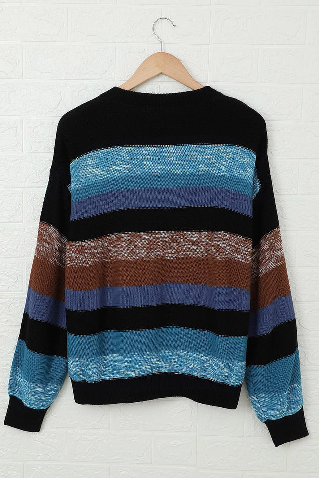 Contrast Striped Round Neck Drop Shoulder Sweater | Hanalas