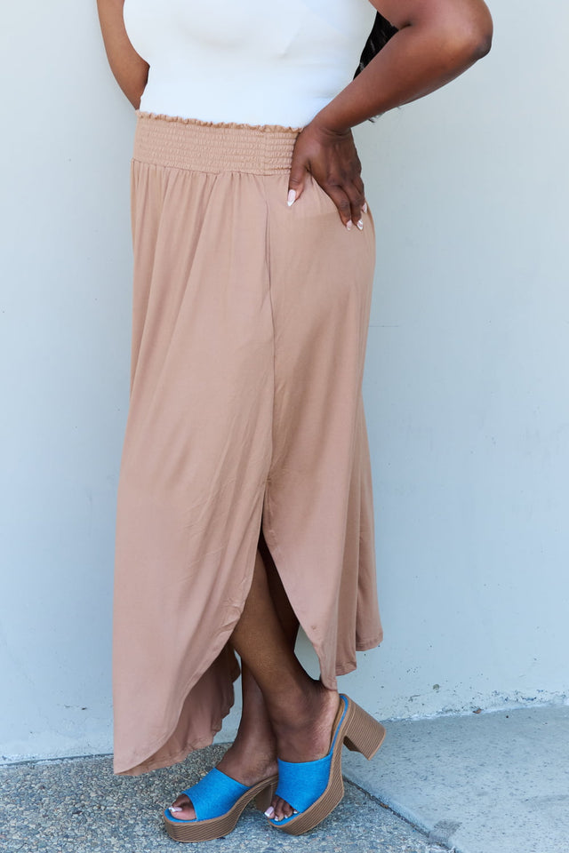 Doublju Comfort Princess Full Size High Waist Scoop Hem Maxi Skirt in Tan Trendsi Hanalas