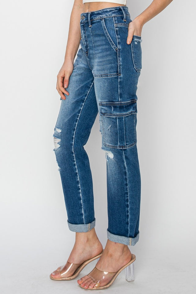 RISEN Full Size High Rise Cargo Ankle Roll Up Straight Jeans | Hanalas