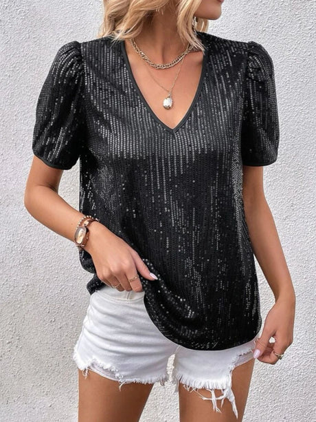 Sequin Round Neck Short Sleeve Top | Hanalas