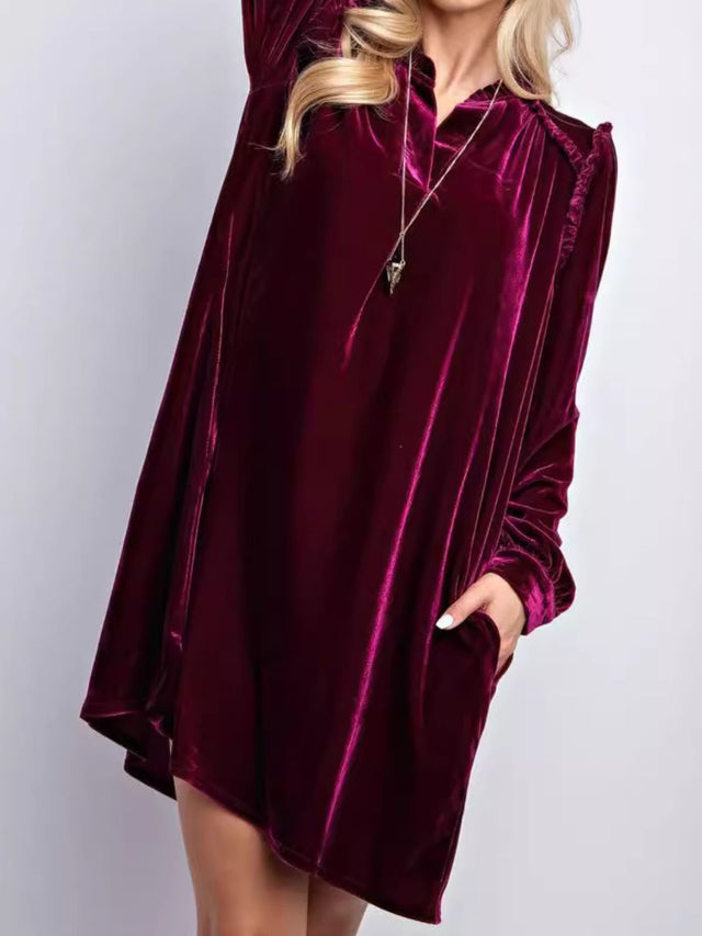 Frill Notched Long Sleeve Dress with Pockets | Hanalas