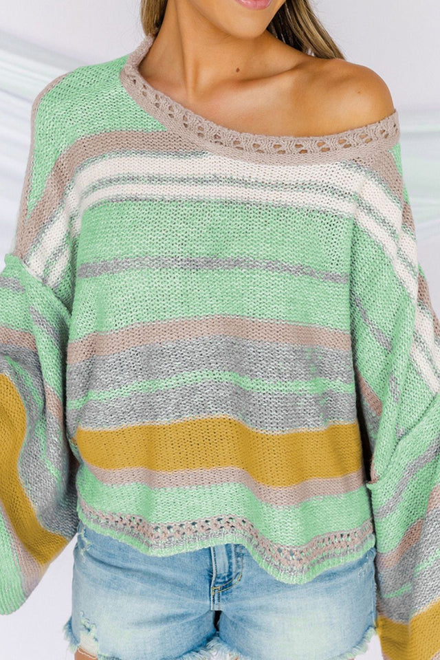 Contrast Striped Boat Neck Dropped Shoulder Sweater | Hanalas