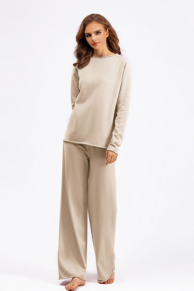 Basic Bae Rolled Round Neck Top and Pants Sweater Set Trendsi Hanalas