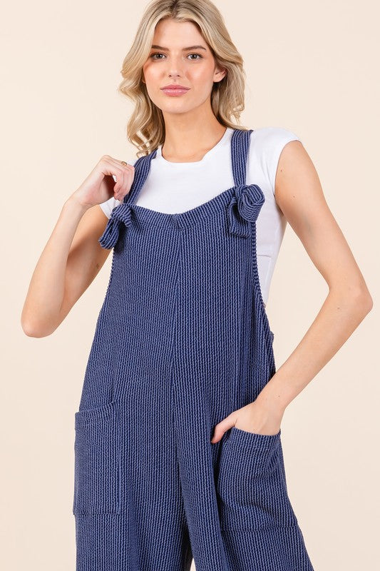 BOMBOM Knot Straps Wide Leg Ribbed Overalls with Pockets | Hanalas