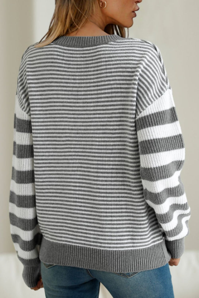 Striped Round Neck Dropped Shoulder Sweater | Hanalas