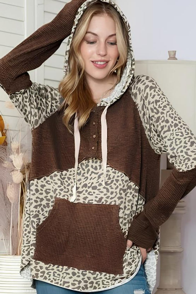 Leopard Ribbed Patchwork Drawstring Hoodie