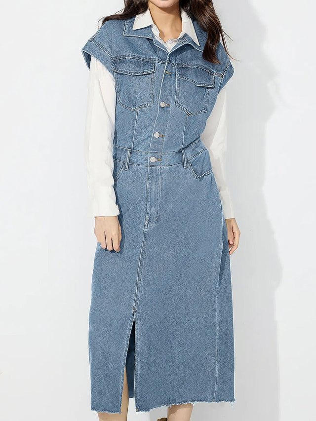 Slit Half Button Collared Neck Cap Sleeve Denim Dress Trendsi Hanalas