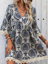 Lace Detail Printed V-Neck Mini Dress