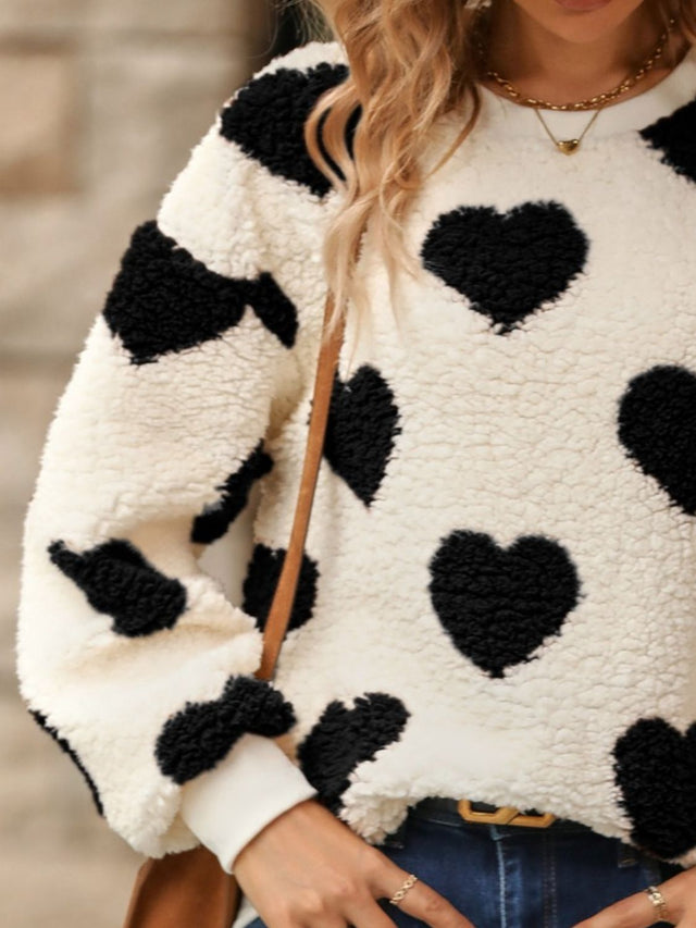 Fuzzy Heart Dropped Shoulder Sweatshirt | Hanalas