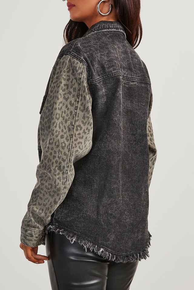 Raw Hem Leopard Snap Down Denim Jacket | Hanalas