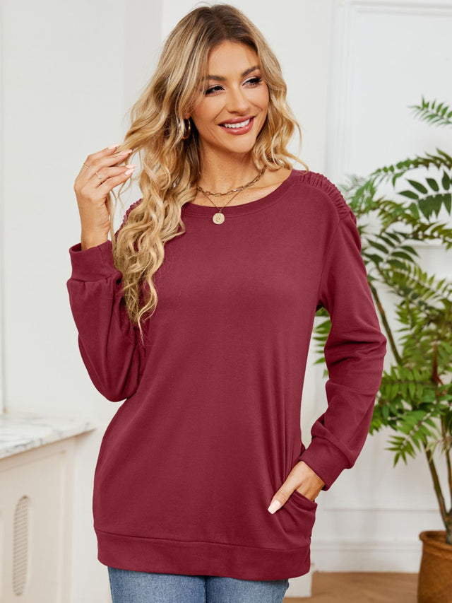 Ruched Shoulder Round Neck Long Sleeve Sweatshirt | Hanalas